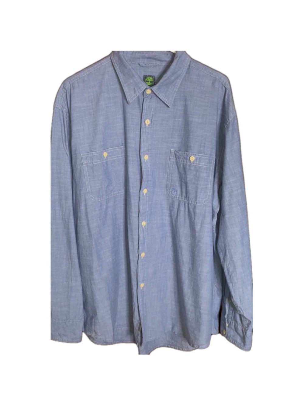 Timberland Shirt Mens XL Blue Chambray Button Up Double Pocket Workwear Cotton
